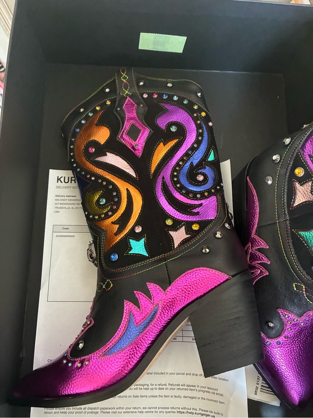 Kurt Geiger size 36 Women’s Black Western Boot with Pink & Multicolor Embroidery